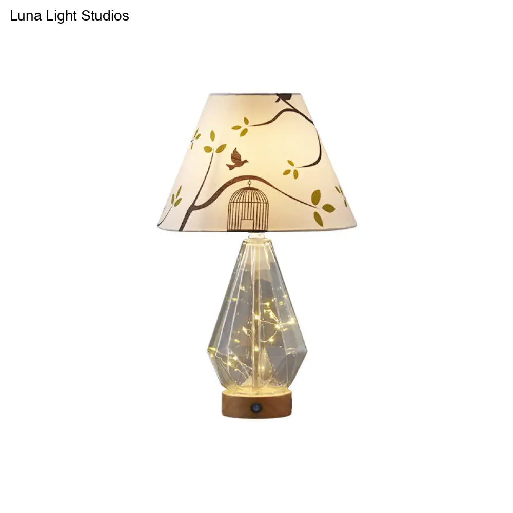 Contemporary Clear Glass Urn Night Lamp With Cone Fabric Shade - Ideal 1-Bulb Table Light For