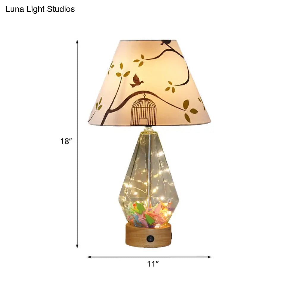 Contemporary Clear Glass Urn Night Lamp With Cone Fabric Shade - Ideal 1-Bulb Table Light For