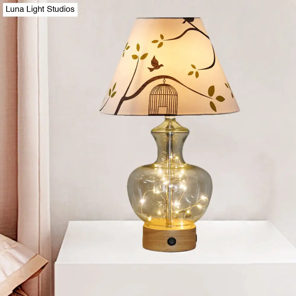 Contemporary Clear Glass Urn Night Lamp With Cone Fabric Shade - Ideal 1-Bulb Table Light For