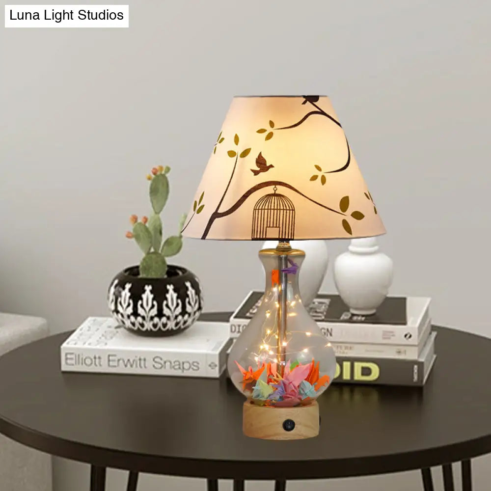 Contemporary Clear Glass Urn Night Lamp With Cone Fabric Shade - Ideal 1-Bulb Table Light For