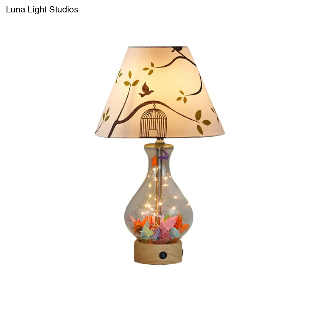 Contemporary Clear Glass Urn Night Lamp With Cone Fabric Shade - Ideal 1-Bulb Table Light For