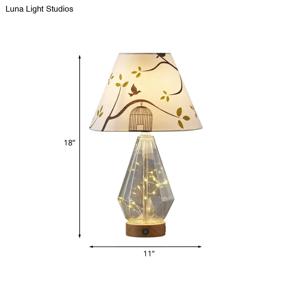 Contemporary Clear Glass Urn Night Lamp With Cone Fabric Shade - Ideal 1-Bulb Table Light For