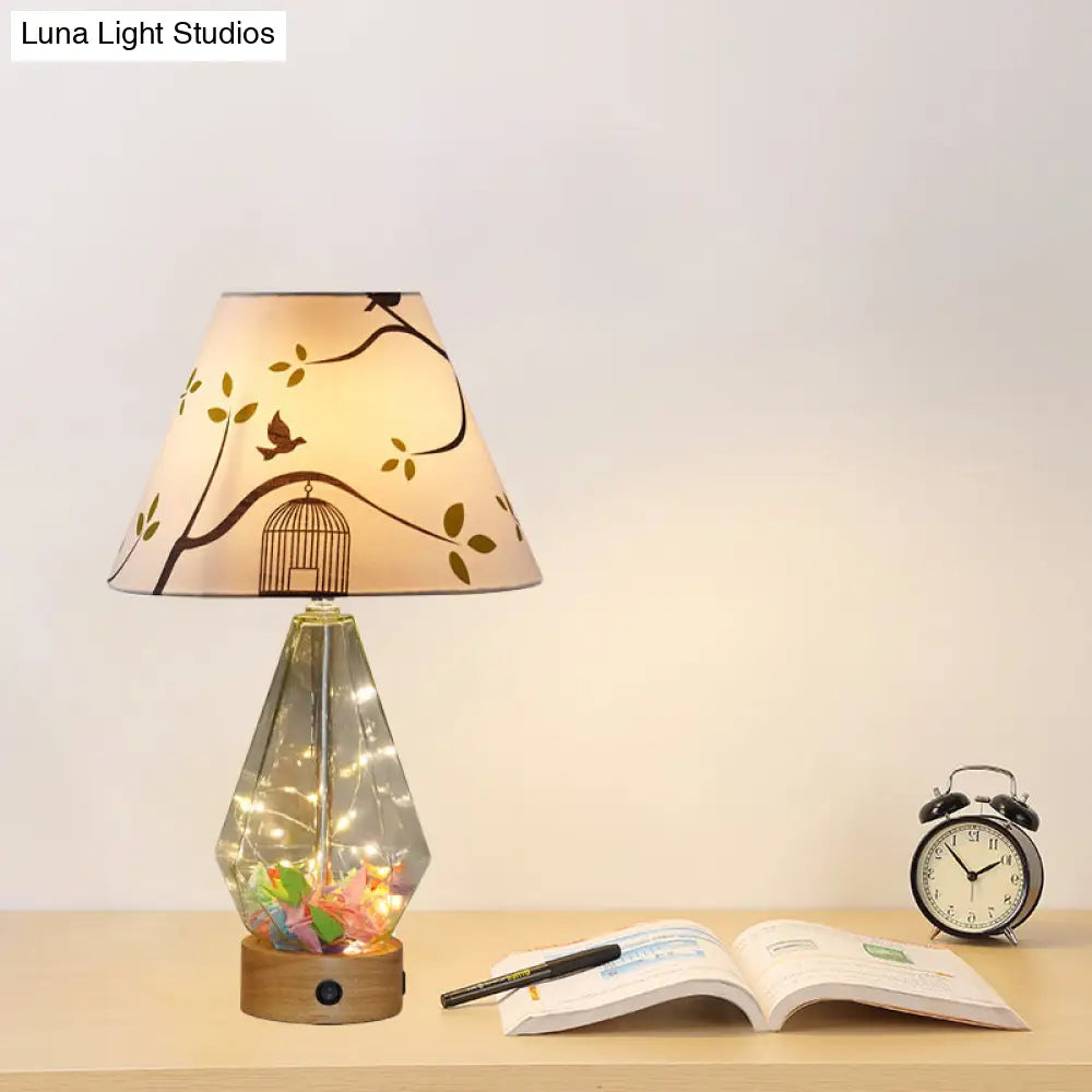 Contemporary Clear Glass Urn Night Lamp With Cone Fabric Shade - Ideal 1-Bulb Table Light For
