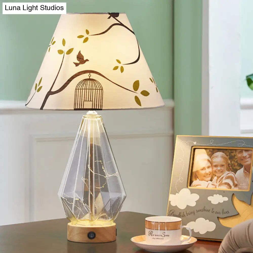 Contemporary Clear Glass Urn Night Lamp With Cone Fabric Shade - Ideal 1-Bulb Table Light For