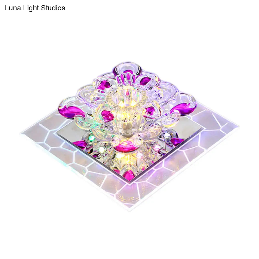 Contemporary Clear Led Crystal Ceiling Lamp For Hallway - Flower Square Flush Mount