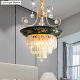 Contemporary Cone Crystal Rod Ceiling Light 3/5 Heads With Green/Dark Green Chandelier Illumination