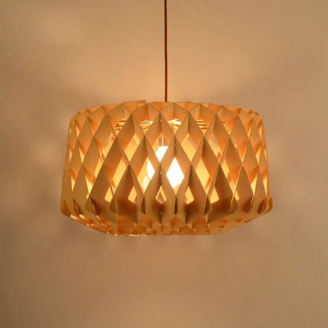 Contemporary Cross-Weave Wood Drum Pendant - 1 Head Beige Suspended Lamp Fixture