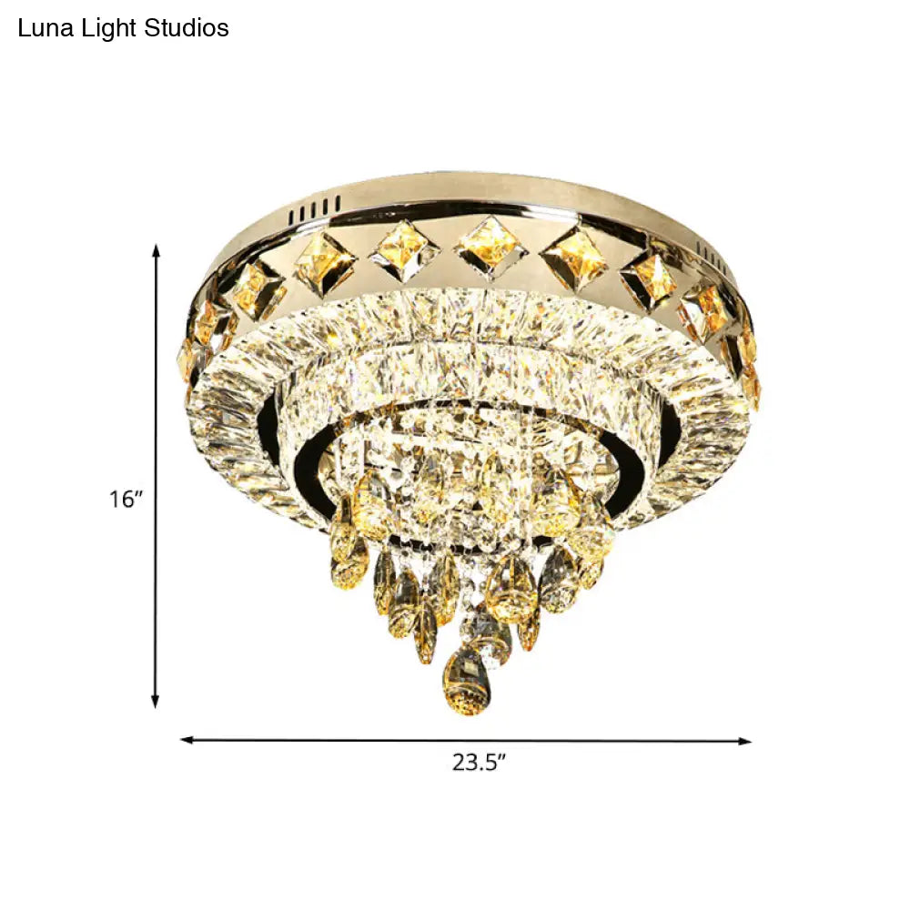 Contemporary Crystal 2 - Tier Led Ceiling Flush Mount Lamp - 19.5’/23.5’ Width Chrome With Drop
