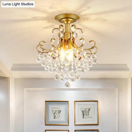 Contemporary Crystal Ball Semi Flush Light With 3 Gold/Black Lights Close To Ceiling