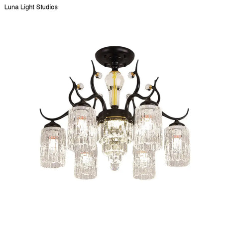 Contemporary Crystal Black Flush Chandelier -Cylindrical Bedroom Semi Ceiling Mount Lamp (3/6 Heads)