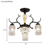 Contemporary Crystal Black Flush Chandelier -Cylindrical Bedroom Semi Ceiling Mount Lamp (3/6 Heads)