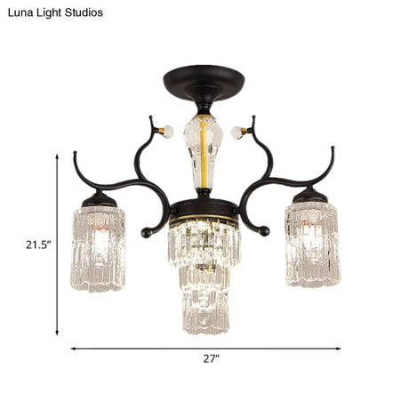 Contemporary Crystal Black Flush Chandelier -Cylindrical Bedroom Semi Ceiling Mount Lamp (3/6 Heads)