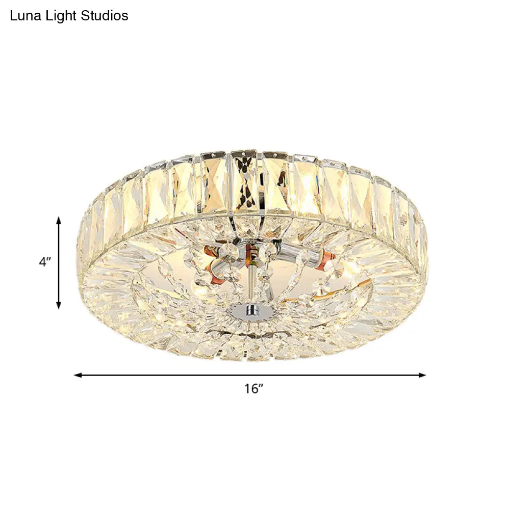 Contemporary Crystal Block Led Chrome Ceiling Fixture - Drum Flush Mount Light 16’/23.5’ Wide