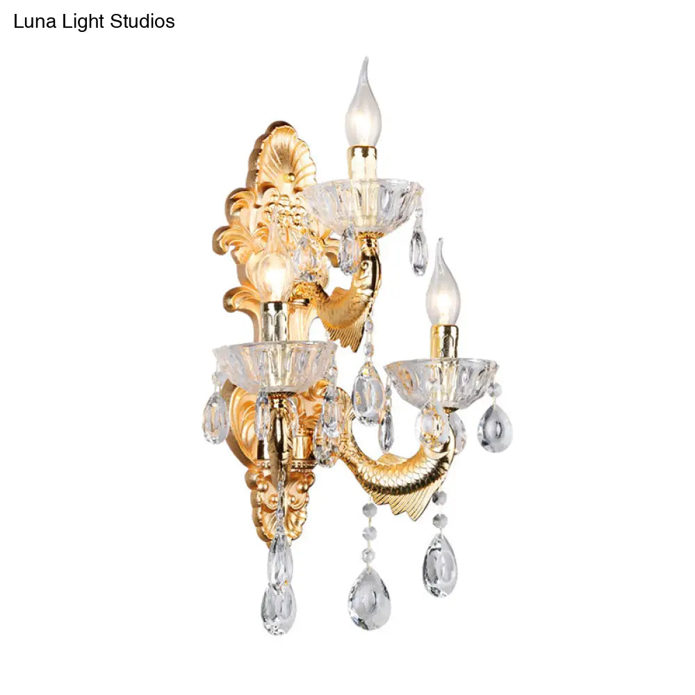 Contemporary Crystal Candelabra Wall Lamp - 2-Light Gold Corridor Mount Light