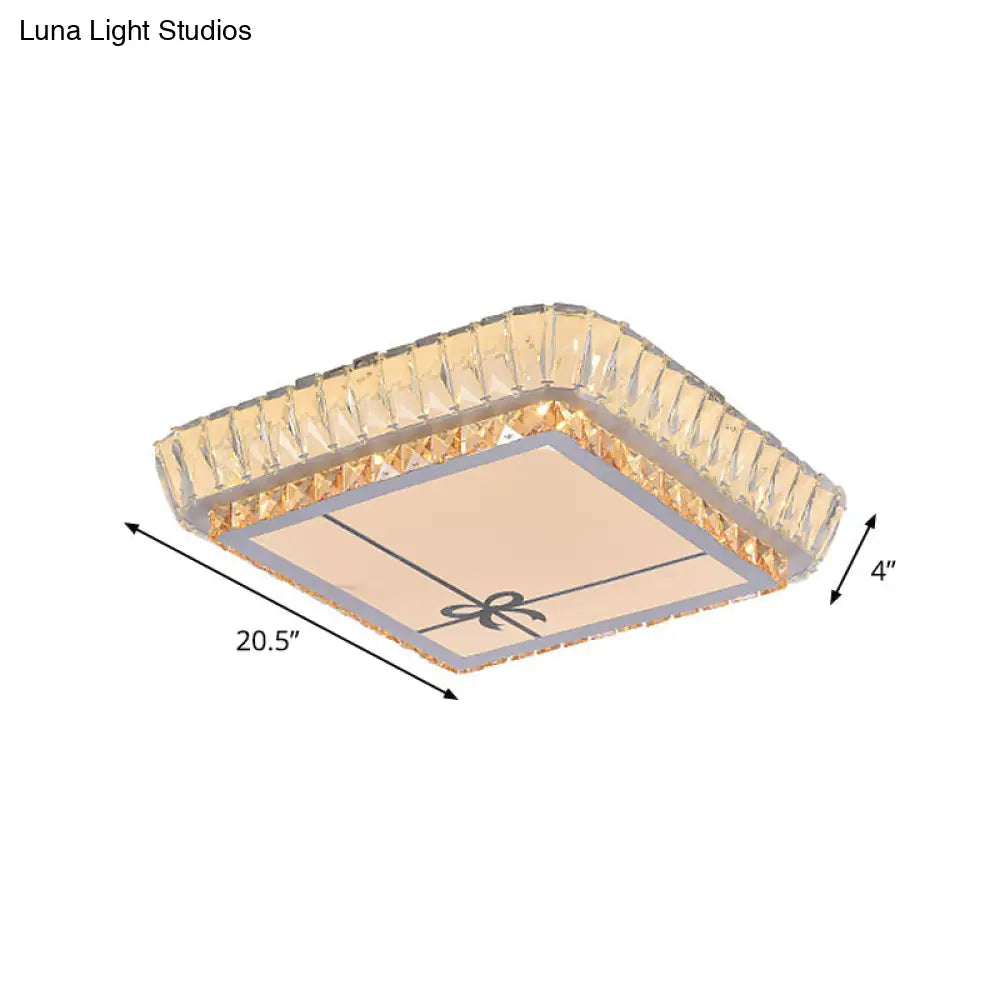 Contemporary Crystal Ceiling Flush Light With Led And White Trellis/Bowknot Design