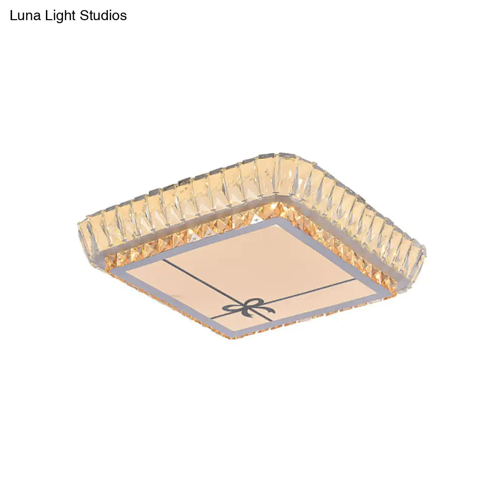Contemporary Crystal Ceiling Flush Light With Led And White Trellis/Bowknot Design