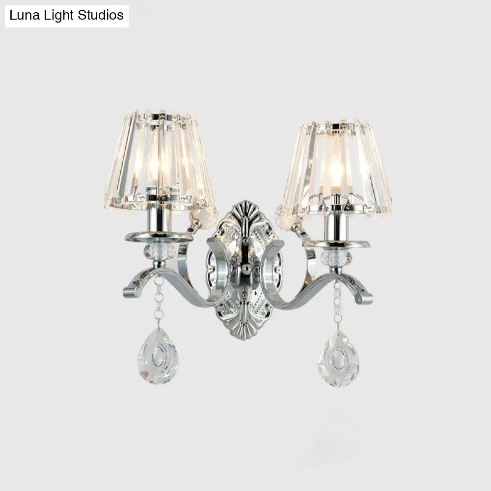 Contemporary Crystal Conical Wall Sconce - 2-Light Silver Lighting For Living Room