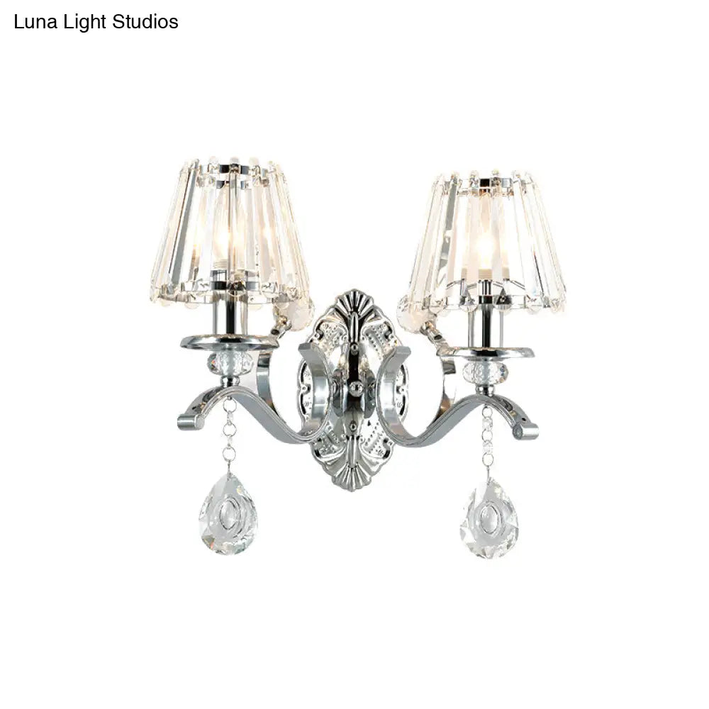 Contemporary Crystal Conical Wall Sconce - 2-Light Silver Lighting For Living Room