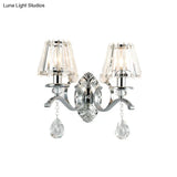 Contemporary Crystal Conical Wall Sconce - 2-Light Silver Lighting For Living Room
