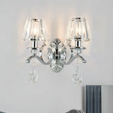 Contemporary Crystal Conical Wall Sconce - 2-Light Silver Lighting For Living Room