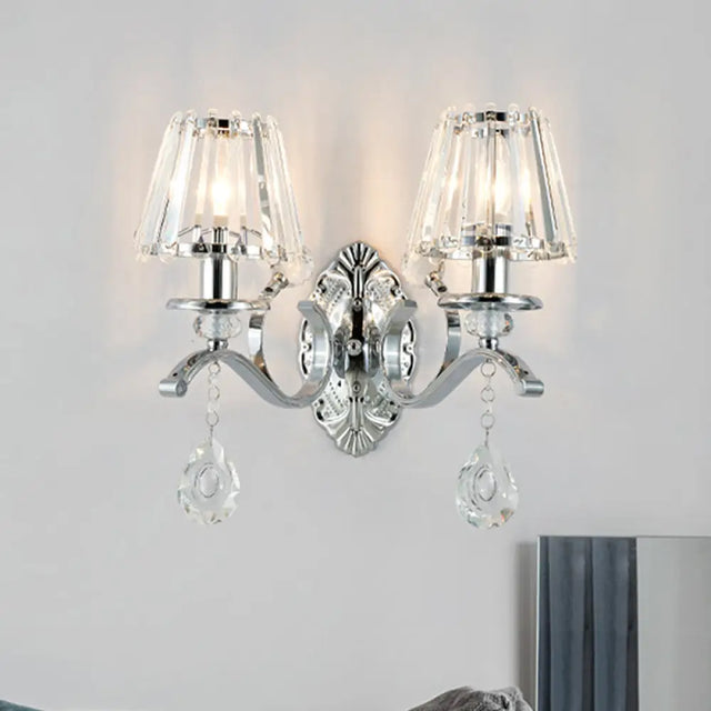 Contemporary Crystal Conical Wall Sconce - 2-Light Silver Lighting For Living Room