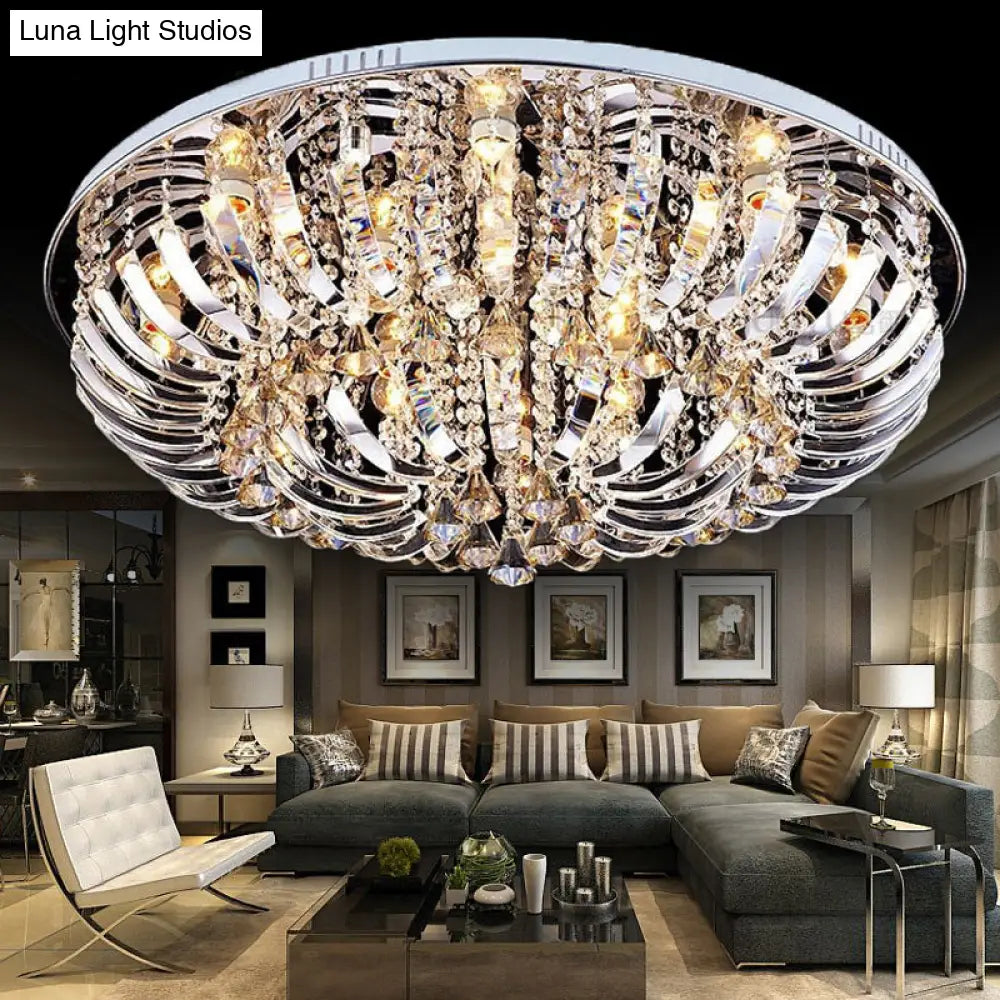 Contemporary Crystal Dome Flush Mount Light - 9/12 Lights 23.5’/31.5’ Wide Chrome Ceiling Fixture
