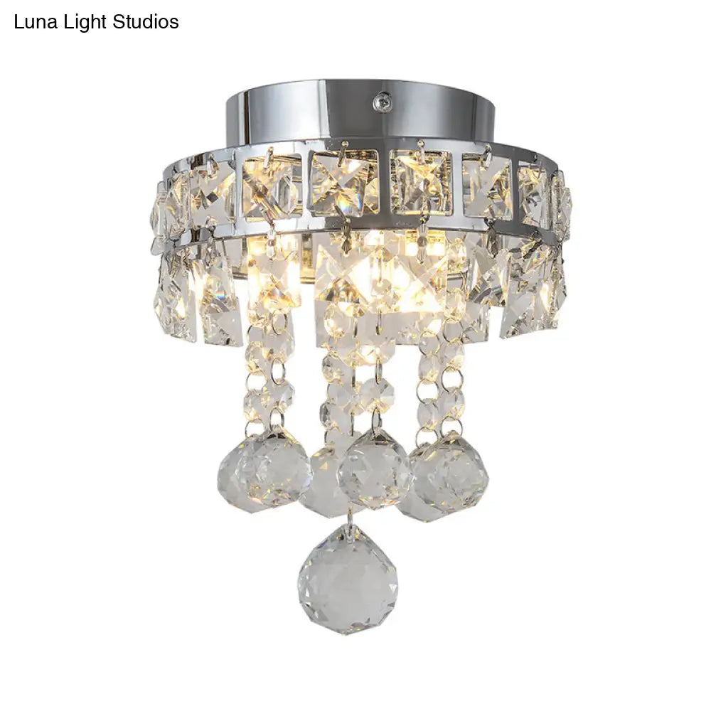 Contemporary Crystal Draping Ceiling Fixture: Ring Frame Silver Semi Flush Light