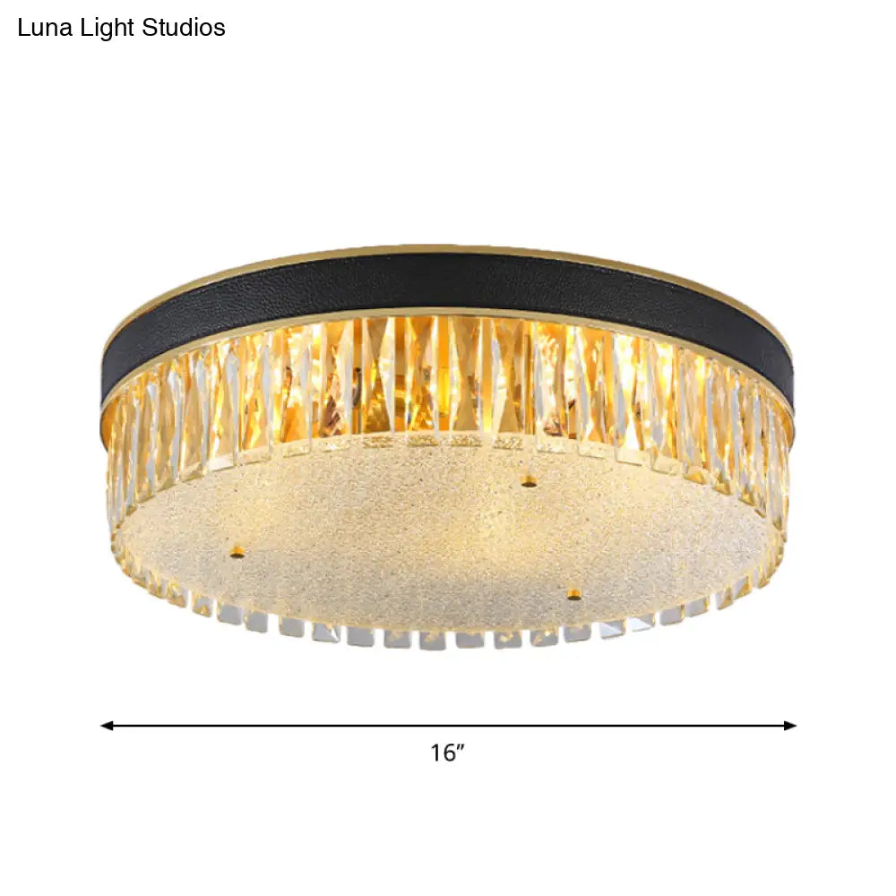 Contemporary Crystal Flush Mount Light In Gold 3/4 Heads Rectangle-Cut Drum Shape 12’/16’ Width