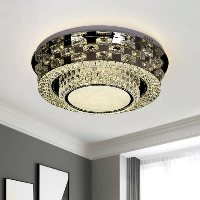 Contemporary Crystal Led Ceiling Light Fixture - Chrome Round/Square Flush - Mount / Round