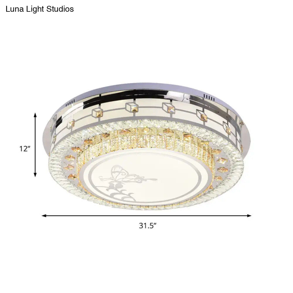 Contemporary Crystal Led Ceiling Light With Butterfly Pattern - Chrome Flush Mount Fixture