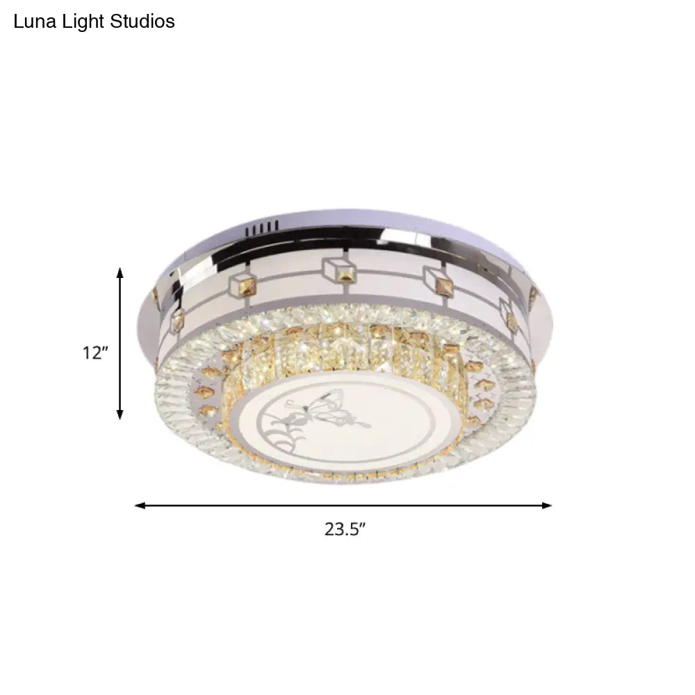 Contemporary Crystal Led Ceiling Light With Butterfly Pattern - Chrome Flush Mount Fixture