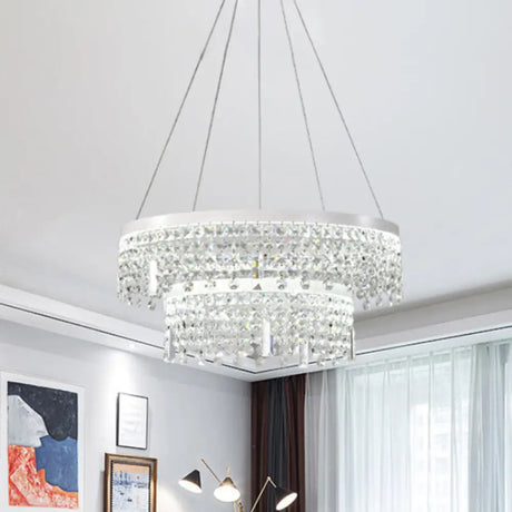 Contemporary Crystal Led Chandelier Lamp With Dual-Tiered Ring Design – Silver Suspension