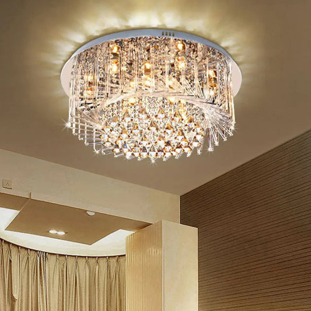 Contemporary Crystal Led Drum Ceiling Lamp With Chrome Flush Mount - 23.5/31.5 Wide