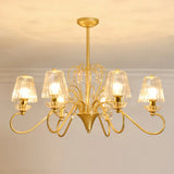 Contemporary Crystal Pendant Chandelier With Ribbed Cone Shades And Swirl Arm In Black-Gold/Gold -