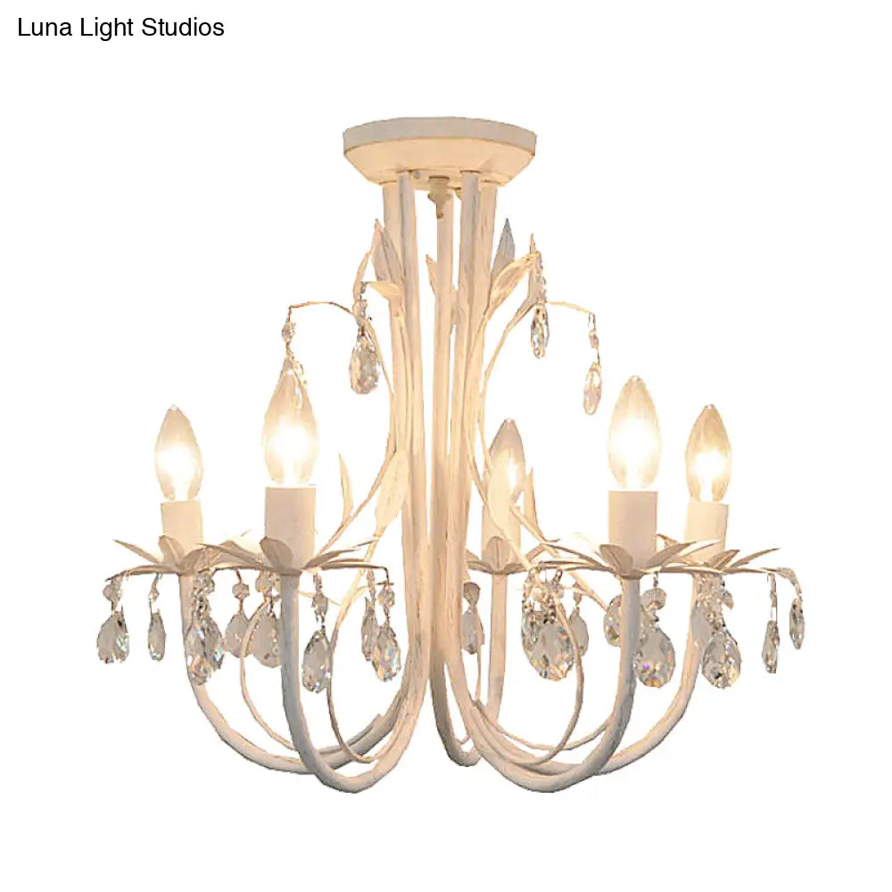 Contemporary Crystal Raindrop Candlestick Dining Room Semi Flush Light - 5 Lights White Ceiling