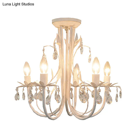 Contemporary Crystal Raindrop Candlestick Dining Room Semi Flush Light - 5 Lights White Ceiling