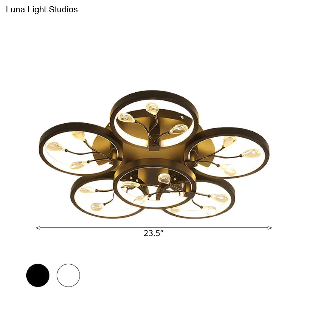 Contemporary Crystal Raindrops Semi Flush Light With Led Flower Design - Black/White Ceiling