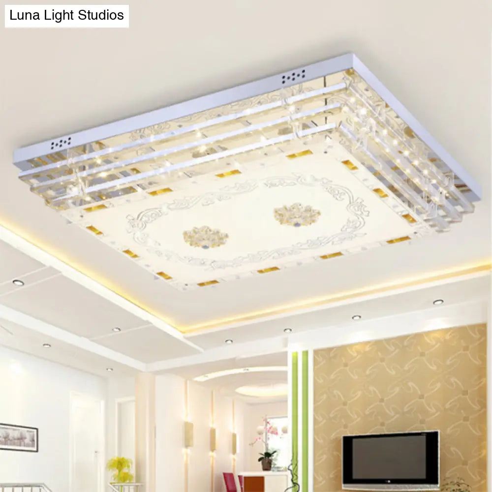 Contemporary Crystal Rod Ceiling Light In White Rectangle Design - Led Fixture With Multi-Color