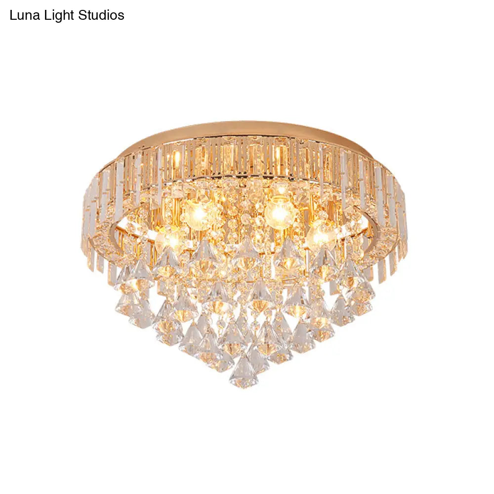 Contemporary Crystal Teardrops Flush Lamp - 5 Light Golden Ceiling Fixture For Living Room