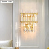 Contemporary Crystal Wall Sconce: Brass/Chrome Linear 3-Light Fixture