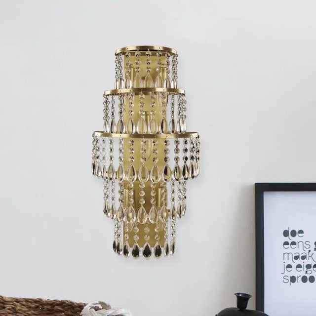 Contemporary Crystal Wall Sconce With 5-Bulb Brass Mount - Layered Bedside Light