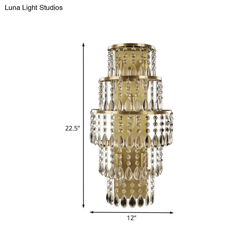 Contemporary Crystal Wall Sconce With 5-Bulb Brass Mount - Layered Bedside Light