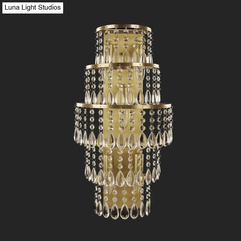 Contemporary Crystal Wall Sconce With 5-Bulb Brass Mount - Layered Bedside Light