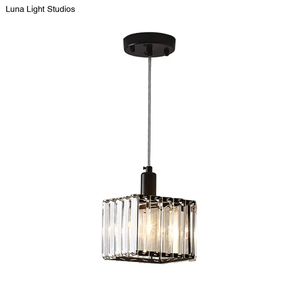 Contemporary Cubic Dining Room Pendant Lamp - 1 Light Black Ceiling With Clear Crystal Block