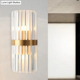 Contemporary Cylinder Sconce Light: Dual Head Gold Wall Mounted Fixture With Crystal Rod Accent