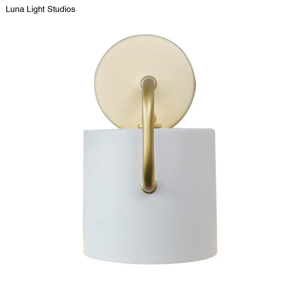 Contemporary Cylinder Wall Lamp With Curved Arm - White Metal Sconce Light Fixture (1 Bulb)