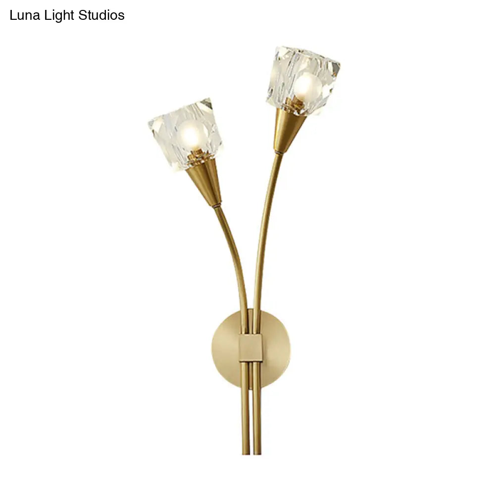 Contemporary Faceted Crystal Bud Wall Sconce Light - 2 Lights Brass Finish Bedroom