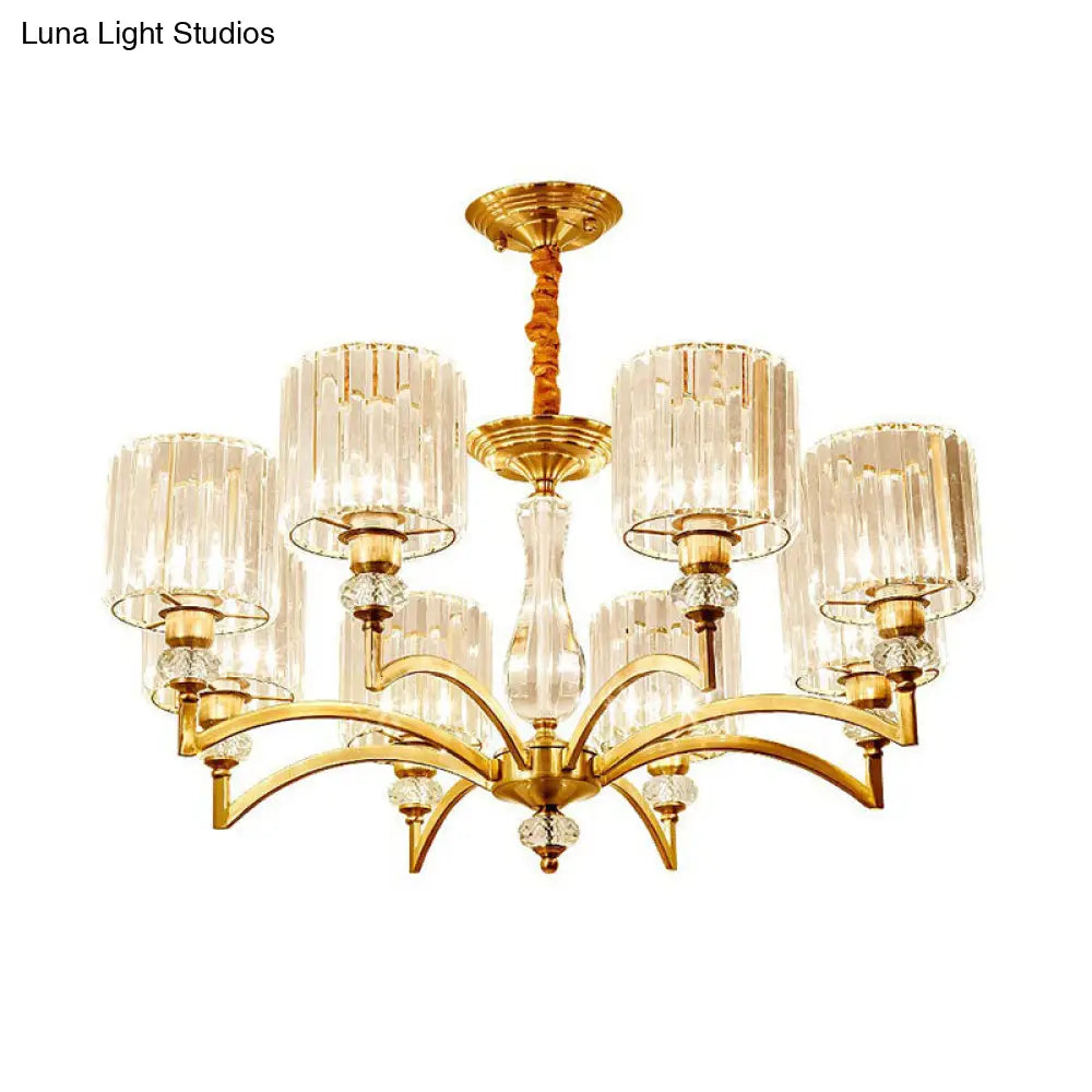 Contemporary Faceted Crystal Cylinder Chandelier - Brass Ceiling Pendant Light With 3/6/8 Bulbs
