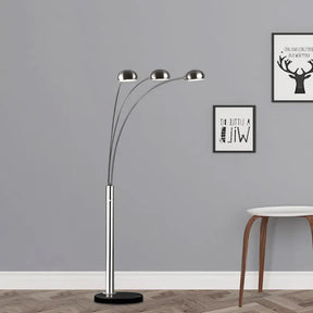 Contemporary Floor Reading Lamp: Metal Tree-Like Silver Stand With 3-Bulb Light & Semi-Orb Shade