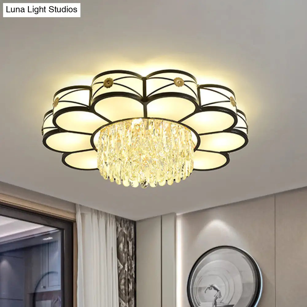 Contemporary Floral Draping Ceiling Lamp - 4/10 Bulbs Clear Crystal Black Finish 16’/28.5’ Wide